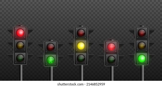 Vector 3d Realistic Detailed Road Turned on Traffic Light Icon Set Isolated. Safety Rules Concept, Design Templete. Stoplight, Traffic Lights