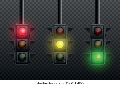 Vector 3d Realistic Detailed Road Turned on Traffic Light Icon Set Isolated. Safety Rules Concept, Design Templete. Stoplight, Traffic Lights