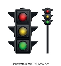 Vector 3d Realistic Detailed Road Traffic Light Icon Set Isolated. Safety Rules Concept, Design Templete. Stoplight, Traffic Lights
