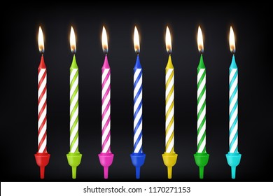 Vector 3d realistic different birthday party colofful wax paraffin burning cake candle icon set closeup on black background. Design template, clipart for graphics