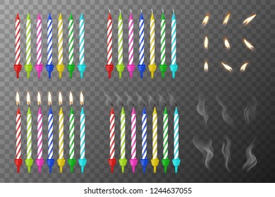 Vector 3d Realistic Different Birthday Party Colofful Wax Paraffin Whole, Burning and Extinguished Cake Candle Set with Flame, Smoke of a Candle Closeup isolated on Transparency Grid. Design Template