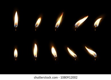 Vector 3d realistic different flame of a candle or match icon set closeup isolated on dark background. Design template, clipart for graphics