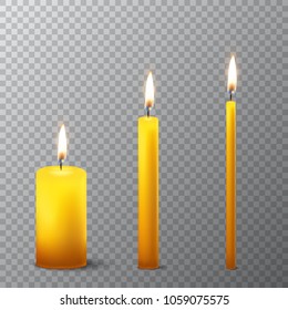 Vector 3d realistic different orange paraffin or wax burning party candle icon set closeup isolated on transparency grid background. Thick, medium and thin size. Design template, clipart for graphics