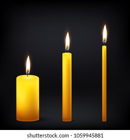 Vector 3d realistic different orange paraffin or wax burning party candle icon set closeup isolated on dark background. Thick, medium and thin size. Design template, clipart for graphics