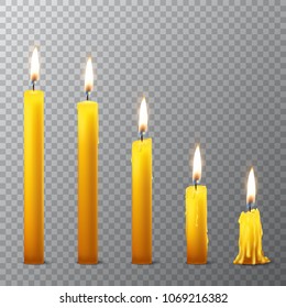 Vector 3d realistic different orange paraffin or wax burning party candle icon set closeup isolated on transparency grid background. Whole, melted and candle stump. Design template, clipart for