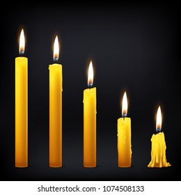 Vector 3d realistic different orange paraffin or wax burning party candle icon set closeup on black background. Whole, melted and candle stump. Design template, clipart for graphics