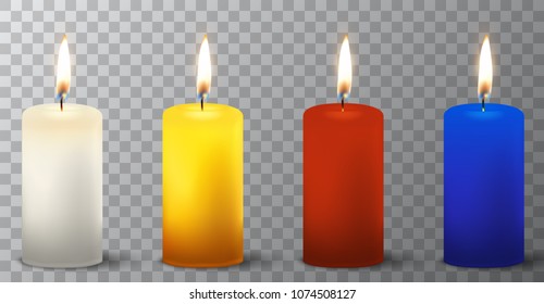 Vector 3d realistic different paraffin or wax burning party candle icon set closeup isolated on transparency grid background. White, orange, red, blue. Design template, clipart for graphics