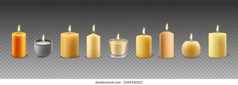 Vector 3d Realistic Different Paraffin Wax Burning Party, Spa Candles Set with Flame of a Candle, Isolated. Candle Design Template Collection, Front View