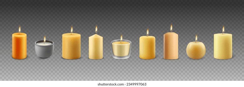 Vector 3d Realistic Different Paraffin Wax Burning Party, Spa Candles Set with Flame of a Candle, Isolated. Candle Design Template Collection, Front View