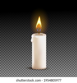 Vector 3d realistic different red paraffin or wax burning party candle icon set closeup isolated on transparency grid background. Design template, clipart for graphics