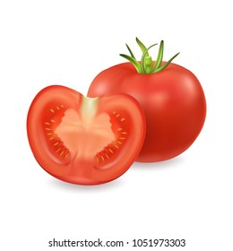 Vector 3d realistic different tomato icon set closeup isolated on white background. Whole and half of a tomato. Design template, clipart for graphics