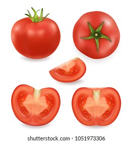 Vector 3d realistic different tomato icon set closeup isolated on white background. Whole, quarter, half of a tomato and top view. Design template, clipart for graphics