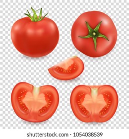 Vector 3d realistic different tomato icon set closeup isolated on transparency grid background. Whole, quarter, half of a tomato and top view. Design template, clipart for graphics