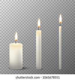 Vector 3d realistic different white paraffin or wax burning party candle icon set closeup isolated on transparency grid background. Thick, medium and thin size. Design template, clipart for graphics