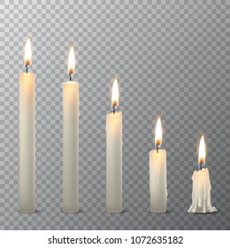 Vector 3d realistic different whiteparaffin or wax burning party candle icon set closeup isolated on transparency grid background. Whole, melted and candle stump. Design template, clipart for graphics