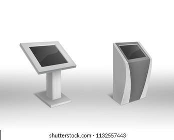 Vector 3d realistic digital informational kiosks, interactive digital signage with blank screen. Mock up of electronic touchscreen, template to showcasing info or advertising projects