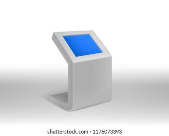 Vector 3d realistic digital informational kiosk, interactive digital signage with blue blank screen. Mock up of electronic touchscreen, template to showcasing info or advertising projects