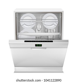 Vector 3d realistic dishwasher machine with digital display, with open door, filled with clean plates and glasses, front view isolated on background. Modern household appliance for washing dishes