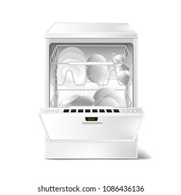 Vector 3d realistic dishwasher with open, closed door. Digital display on dishwashing machine for kitchen. Front view of device isolated on white background. Modern household appliance for washing