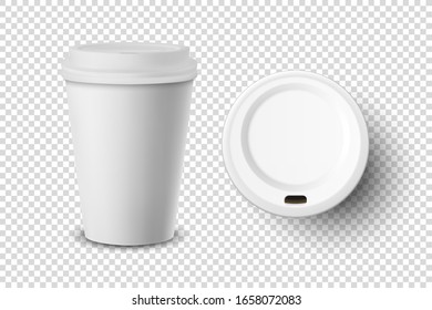 Vector 3d Realistic Disposable Closed and Opened Paper, Plastic Coffee Cup for Drinks Icon Set Closeup Isolated on Transparent Background. Design Template, Mockup. Top and Front View