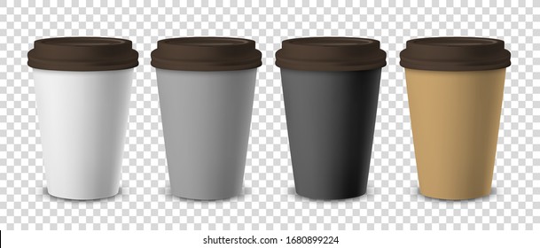 Vector 3d Realistic Disposable Closed Paper, Plastic Coffee Cup for Drinks with Brown Lid Set Closeup Isolated on Transparent Background. Design Template, Mockup. Front View