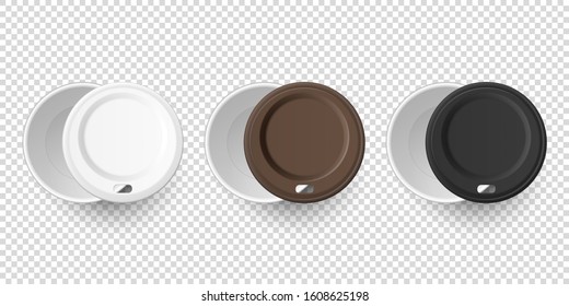 Vector 3d Realistic Disposable Empty Paper Coffee, Tea Cup for Drinks with Plastic White, Brown and Black Lid Icon Set Closeup Isolated on Transparent Background. Design Template, Mockup. Top View