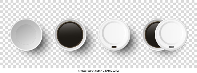 Vector 3d Realistic Disposable Opened and Closed Paper, Plastic Coffee, Tea Cup for Drinks with Plastic Lid Icon Set Closeup Isolated on Transparent Background. Design Template, Mockup. Top View