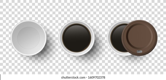 Vector 3d Realistic Disposable Opened Paper, Plastic Coffee, Tea Cup for Drinks with Brown Plastic Lid Icon Set Closeup Isolated on Transparent Background. Design Template, Mockup. Top View
