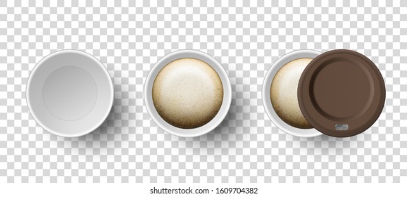 Vector 3d Realistic Disposable Opened and Closed Paper, Plastic Coffee, Tea Cup for Drinks with Brown Plastic Lid Icon Set Closeup Isolated on Transparent Background. Design Template, Mockup. Top View