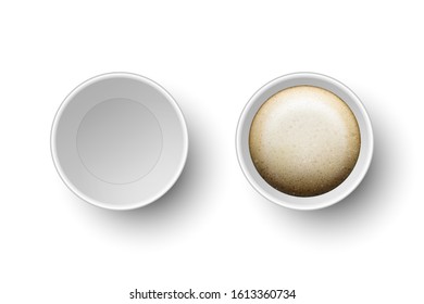 Vector 3d Realistic Disposable Opened Paper, Plastic Coffee, Tea Cup for Drinks Icon Set Closeup Isolated on White Background. Design Template, Mockup. Top View