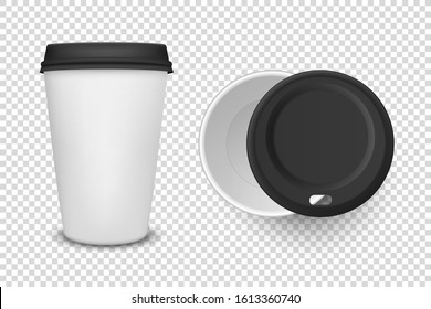 Vector 3d Realistic Disposable Opened And Closed Paper, Plastic Coffee, Tea Cup For Drinks With Black Plastic Lid Icon Set Closeup Isolated On Transparent Background. Design Template, Mockup. Top View