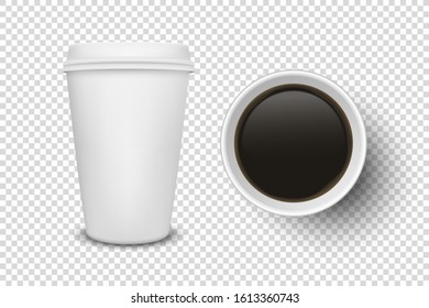 Vector 3d Realistic Disposable Opened Paper, Plastic Coffee Cup for Drinks Icon Set Closeup Isolated on Transparent Background. Design Template, Mockup. Top and Front View