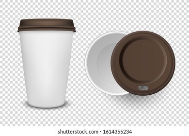 Vector 3d Realistic Disposable Opened and Closed Paper, Plastic Coffee, Tea Cup for Drinks with Brown Plastic Lid Icon Set Closeup Isolated on Transparent Background. Design Template, Mockup. Top View