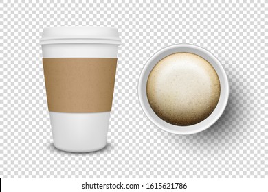 Vector 3d Realistic Disposable Opened Paper, Plastic Coffee Cup for Drinks Icon Set Closeup Isolated on Transparent Background. Design Template, Mockup. Top and Front View