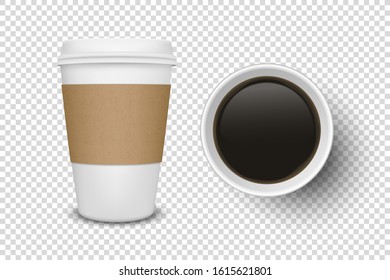 Vector 3d Realistic Disposable Opened Paper, Plastic Coffee Cup for Drinks Icon Set Closeup Isolated on Transparent Background. Design Template, Mockup. Top and Front View