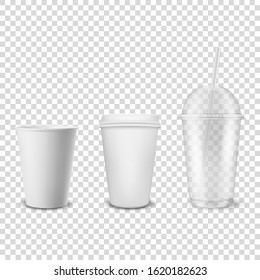 Vector 3d Realistic Disposable Opened and Closed Paper, Plastic Coffee, Tea Cup for Drinks with Plastic Lid Icon Set Closeup Isolated on Transparent Background. Design Template, Mockup. Front View