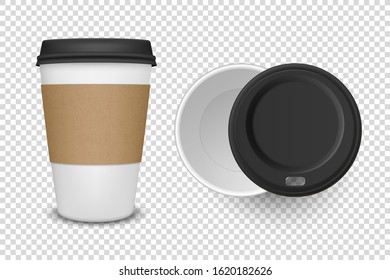 Vector 3d Realistic Disposable Opened And Closed Paper, Plastic Coffee, Tea Cup For Drinks With Black Plastic Lid Icon Set Closeup Isolated On Transparent Background. Design Template, Mockup. Top View