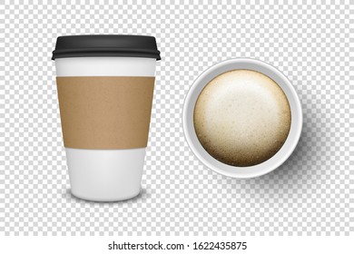 Vector 3d Realistic Disposable Opened Paper, Plastic Coffee Cup for Drinks Icon Set Closeup Isolated on Transparent Background. Design Template, Mockup. Top and Front View
