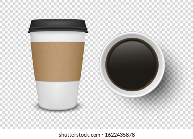 Vector 3d Realistic Disposable Opened Paper, Plastic Coffee Cup for Drinks Icon Set Closeup Isolated on Transparent Background. Design Template, Mockup. Top and Front View