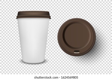 Vector 3d Realistic Disposable Opened Paper, Plastic Coffee Cup for Drinks with Brown Lid Icon Set Closeup Isolated on Transparent Background. Design Template, Mockup. Top and Front View