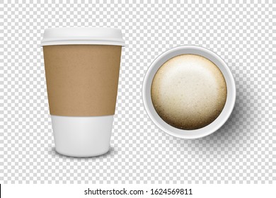 Vector 3d Realistic Disposable Opened Paper, Plastic Coffee Cup for Drinks Icon Set Closeup Isolated on Transparent Background. Design Template, Mockup. Top and Front View