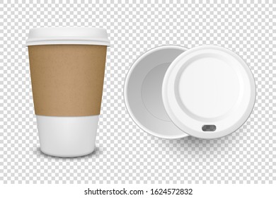 Vector 3d Realistic Disposable Opened Paper, Plastic Coffee Cup for Drinks with White Lid Icon Set Closeup Isolated on Transparent Background. Design Template, Mockup. Top and Front View