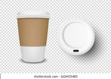 Vector 3d Realistic Disposable Opened Paper, Plastic Coffee Cup for Drinks with White Lid Icon Set Closeup Isolated on Transparent Background. Design Template, Mockup. Top and Front View