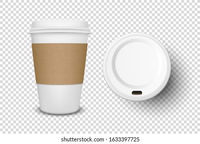 Vector 3d Realistic Disposable Opened Paper, Plastic Coffee Cup for Drinks with White Lid Icon Set Closeup Isolated on Transparent Background. Design Template, Mockup. Top and Front View