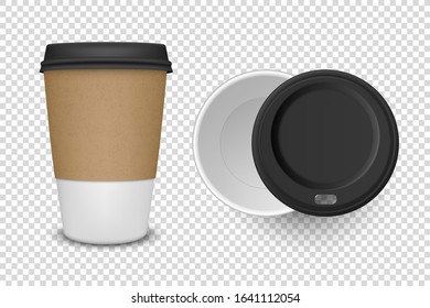 Vector 3d Realistic Disposable Opened Paper, Plastic Coffee Cup for Drinks with Black Lid Icon Set Closeup Isolated on Transparent Background. Design Template, Mockup. Top and Front View