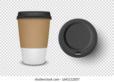 Vector 3d Realistic Disposable Opened Paper, Plastic Coffee Cup for Drinks with Black Lid Icon Set Closeup Isolated on Transparent Background. Design Template, Mockup. Top and Front View