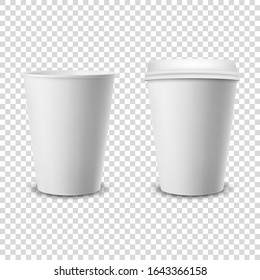 Vector 3d Realistic Disposable Opened and Closed with Lid Paper, Plastic Coffee Cup for Drinks Icon Set Closeup Isolated on Transparent Background. Design Template, Mockup. Top and Front View