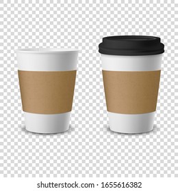 Vector 3d Realistic Disposable Opened and Closed Paper, Plastic Coffee Cup for Drinks with Lid Set Closeup Isolated on Transparent Background. Design Template, Mockup. Front View