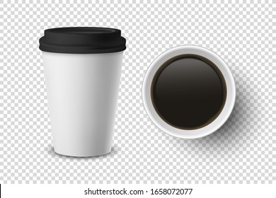 Vector 3d Realistic Disposable Opened Paper, Plastic Coffee Cup for Drinks Set Closeup Isolated on Transparent Background. Design Template, Mockup. Top and Front View