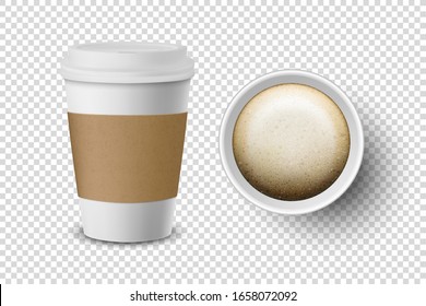 Vector 3d Realistic Disposable Opened Paper, Plastic Coffee Cup for Drinks Icon Set Closeup Isolated on Transparent Background. Design Template, Mockup. Top and Front View